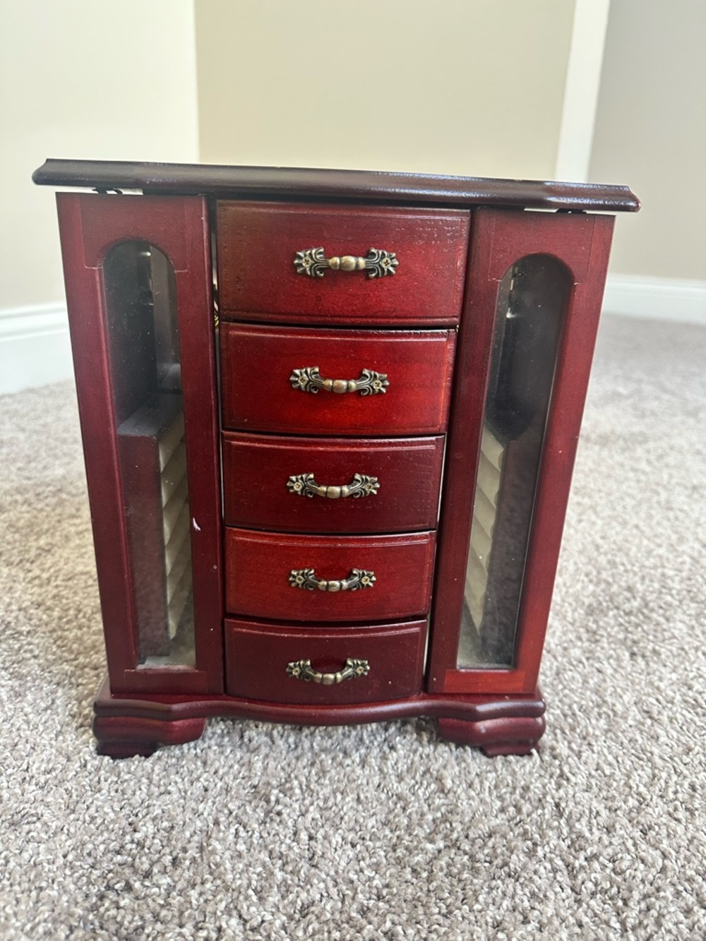 Wooden Red Jewelry Organizer Chest with Glass Doors